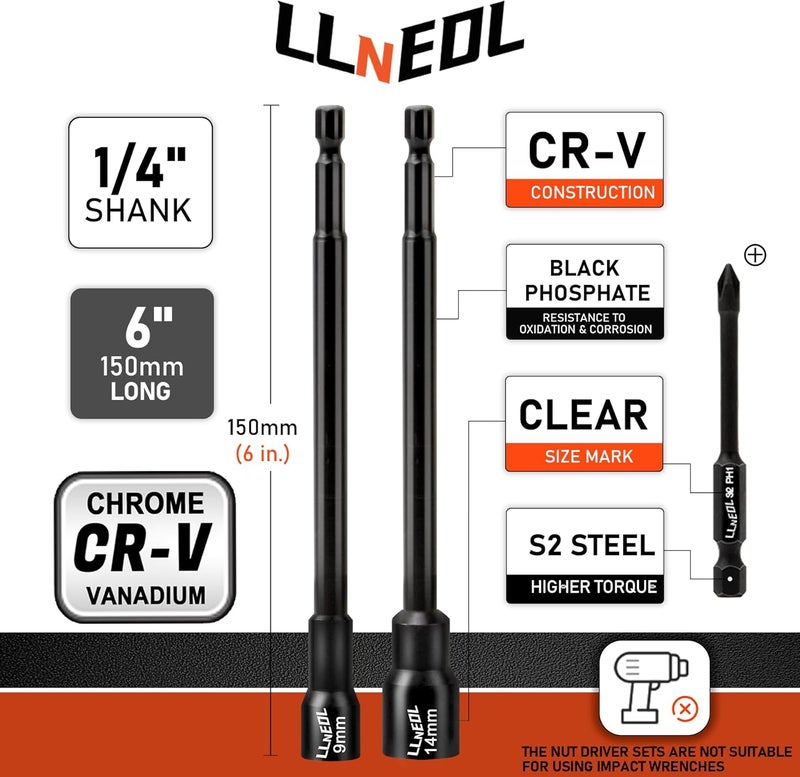 LLNEDL 1/4 inch Drive Socket Set & Nut Driver Set 44PCS, Metric Sockets Deep&Shallow (4-15mm) with Ratchet, 6" Magnetic Nut Drivers with 1/4" Hex Shank(6-14mm), Drill Bits (PH1/PH2) - Image 4